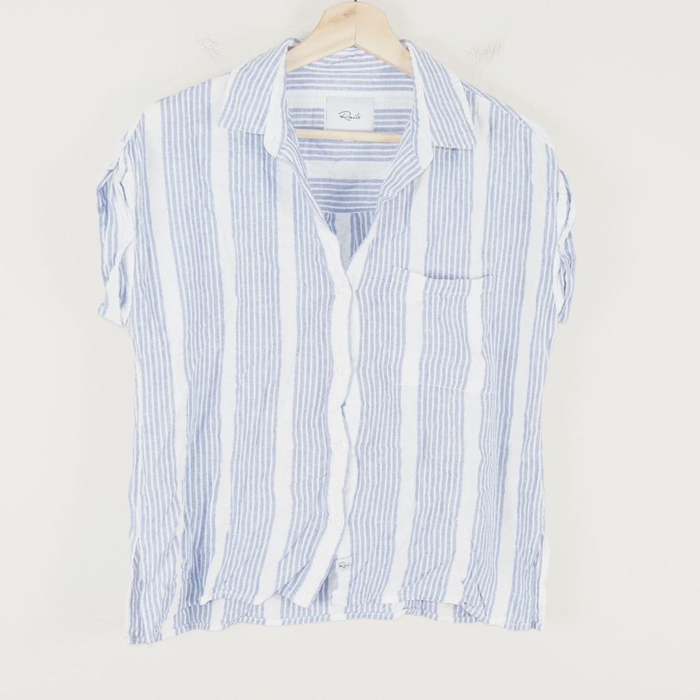 Rails Whitney Blue Levanzo Stripe Linen Blend Camp Shirt Womens Sz S